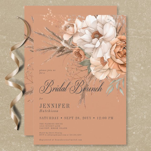 Invitación Boho Peach y Cream Floral Rust Bridal Brunch (Boho Peach & Cream Floral Rust Bridal Brunch Invitation)