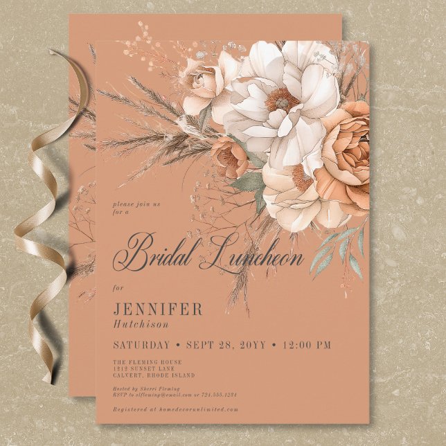 Invitación Boho Peach y Cream Floral Rust Bridal Luncheon (Boho Peach & Cream Floral Rust Bridal Luncheon Invitation)