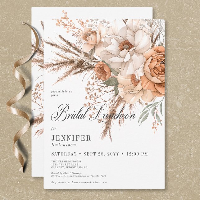Invitación Boho Peach y Cream Floral White Bridal Luncheon (Boho Peach & Cream Floral White Bridal Luncheon Invitation)
