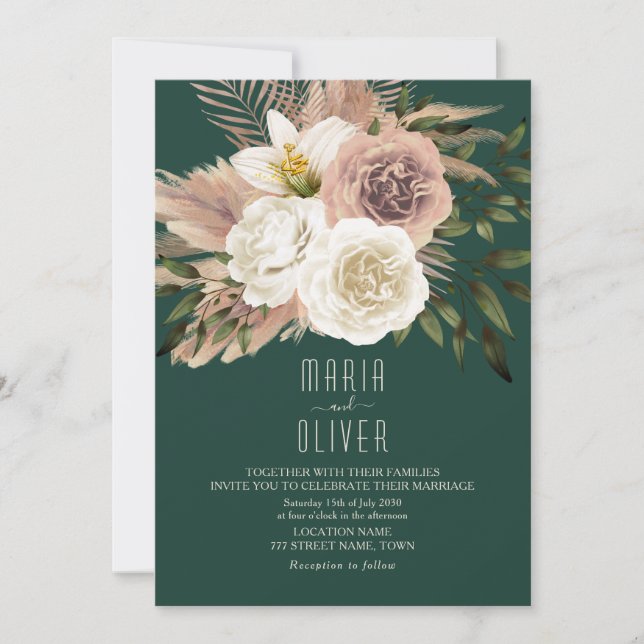 Invitación Boho Peach y Emerald Green Boda (Anverso)