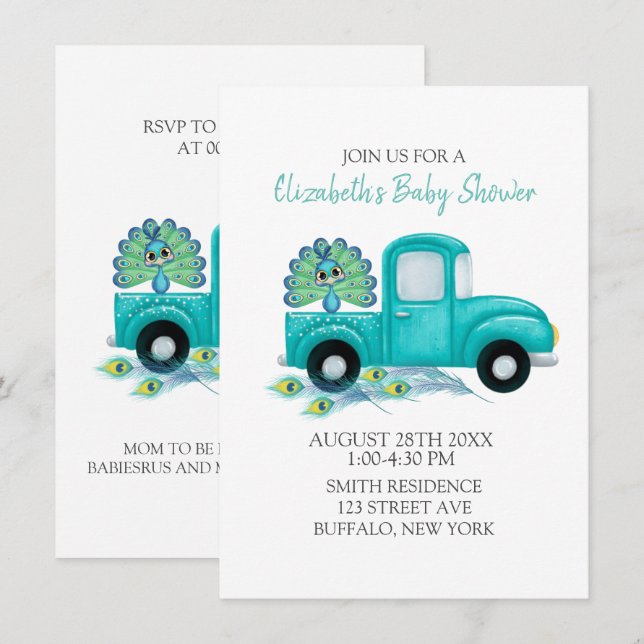 Invitación Boho Peacock Feathers Vintage Truck Baby Shower (Anverso / Reverso)