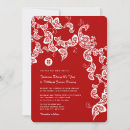 Invitación Boho Peacock Floral Rojo Elegante Boda Chino