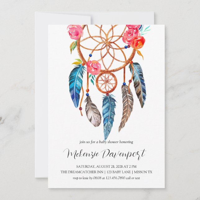 Invitación Boho peony Floral Dreamcatcher Baby Shower (Anverso)