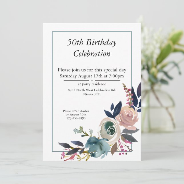 Invitación Boho Personalizable Floral Azul Rosa 50 cumpleaños (Anverso de pie)