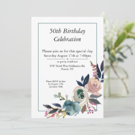 Invitación Boho Personalizable Floral Azul Rosa 50 cumpleaños