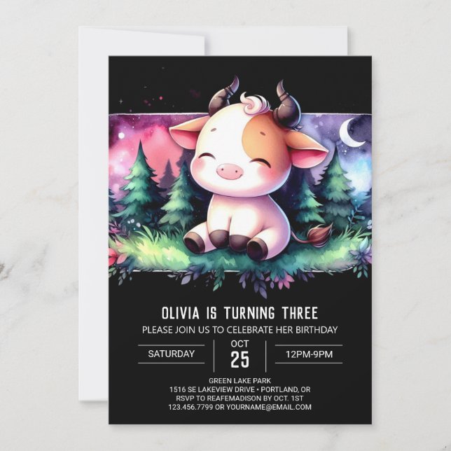 Invitación Boho Personalizado Cow Cumpleaños (Anverso)