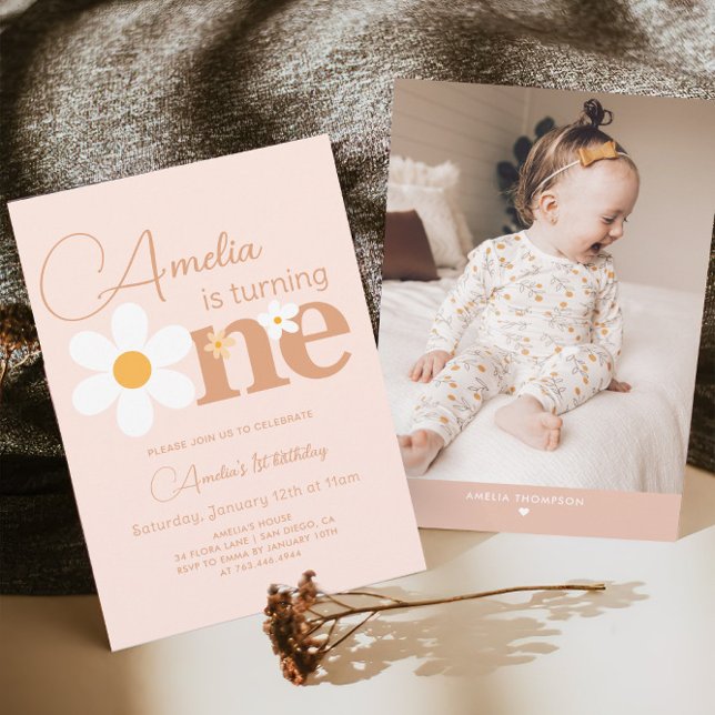 Invitación Boho Photo Daisy Primer Brithday (Subido por el creador)