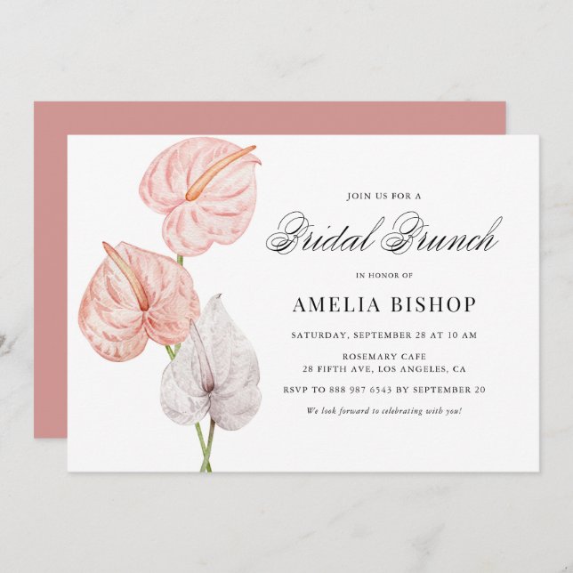 Invitación Boho Pink Anthuriums Tropical Floral Bridal Brunch (Anverso / Reverso)