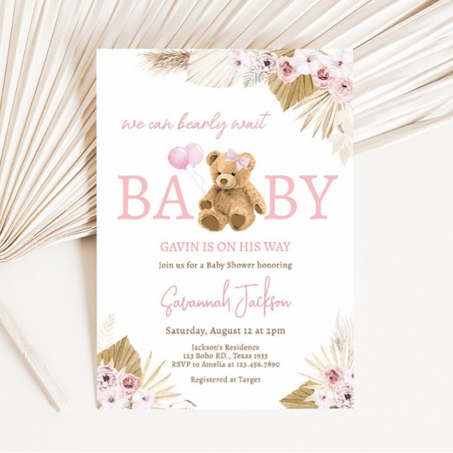 Invitación Boho Pink Bear Baby Shower (Pink Pampas Grass Teddy Bear Baby Shower Invitation)