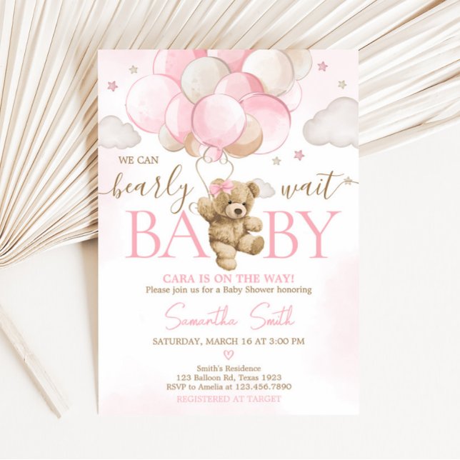 Invitación Boho Pink Bear Balloon Baby Shower (We Can Bearly Wait Pink Balloon Baby Shower Invitation )