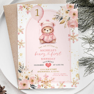 Invitación Boho Pink Beary First Winthday Birthday Floral
