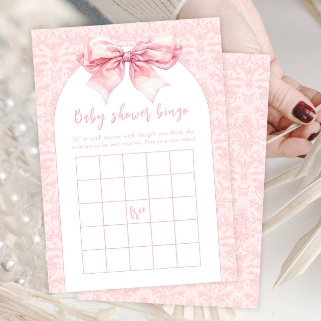 Invitación Boho Pink Bow Baby Shower Bingo Game Card (Subido por el creador)
