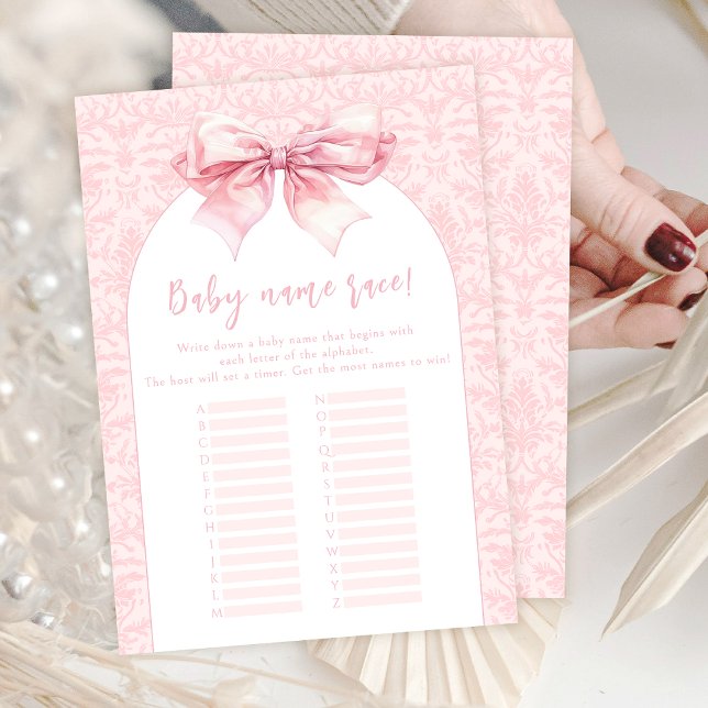 Invitación Boho Pink Bow Baby Shower Name Race Game Card (Subido por el creador)