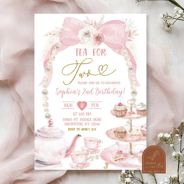 Invitación Boho Pink Bow Pearl Tea Por Dos Cumpleaños (Subido por el creador)
