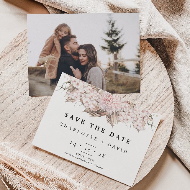 Invitación Boho Pink Brown Floral Wedding Save The Date Card (Subido por el creador)