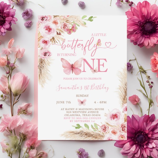 Invitación Boho Pink Butterfly First Birday Floral (Subido por el creador)