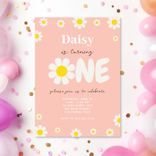Invitación Boho Pink Cute Daisy Flowers 1er cumpleaños