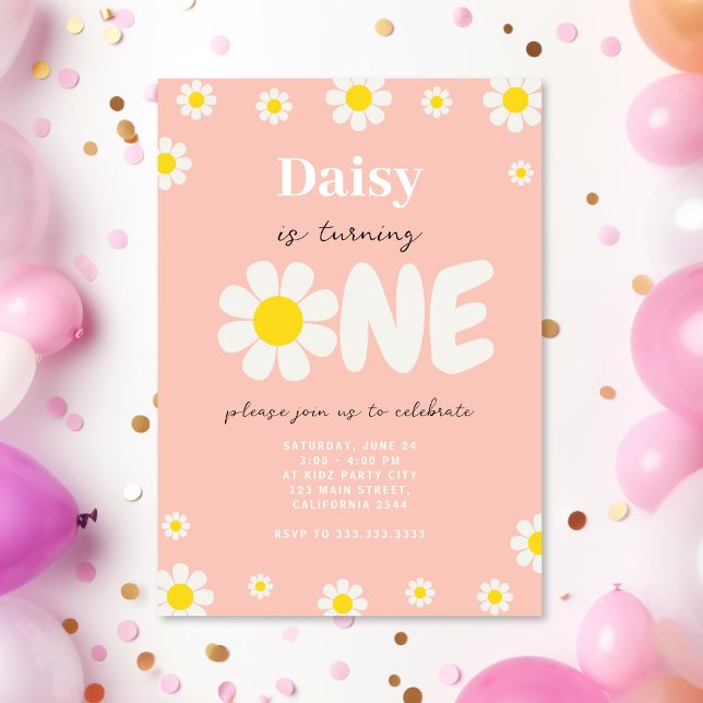 Invitación Boho Pink Cute Daisy Flowers 1er cumpleaños (Subido por el creador)