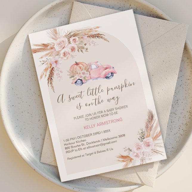 Invitación Boho Pink Floral Arch Truck Baby Shower (Boho Floral Little Pumpkin Baby Shower Invitation Template, Fall Girls Pumpkin Truck Baby Shower )