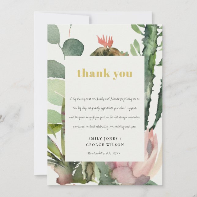 INVITACIÓN BOHO PINK FLORAL CACTI FOLIAGE BODA GRACIAS (Anverso)