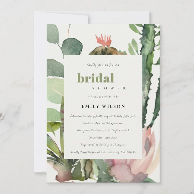 INVITACIÓN BOHO PINK FLORAL CACTI FOLIAGE BRIDAL DUCHA (Anverso)