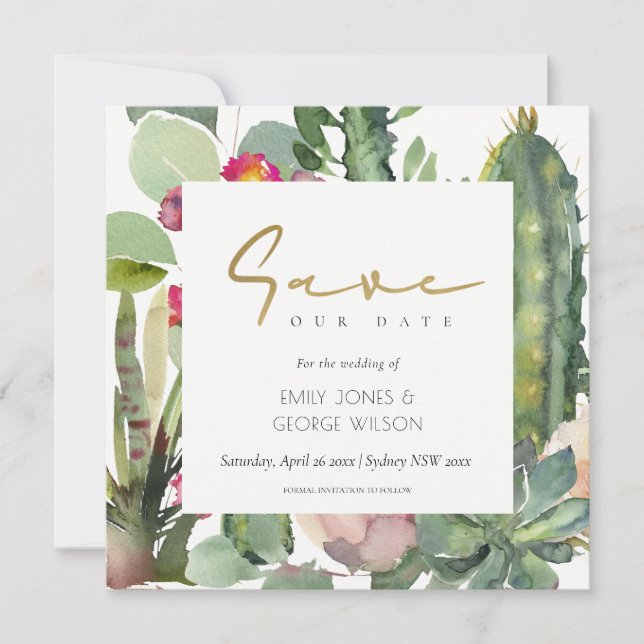 INVITACIÓN BOHO PINK FLORAL CACTI FOLIAGE GUARDAR LA FECHA (Anverso)
