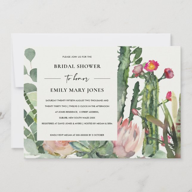 INVITACIÓN BOHO PINK FLORAL CACTUS FOLIAGE BRIDAL DUCHA (Anverso)