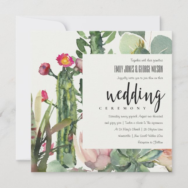INVITACIÓN BOHO PINK FLORAL DESERT CACTI BODA FOLIAGE (Anverso)