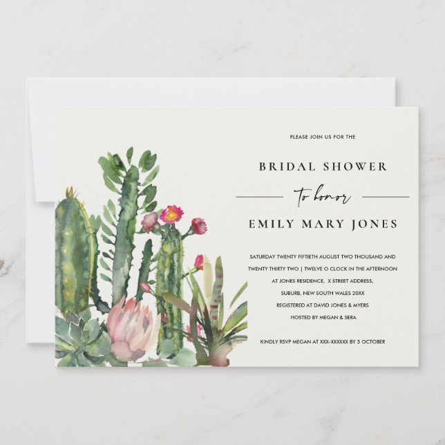INVITACIÓN BOHO PINK FLORAL DESERT CACTI FAUNA BRIDAL DUCHA (Anverso)