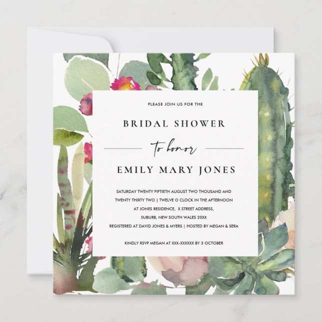 INVITACIÓN BOHO PINK FLORAL DESERT CACTI FAUNA BRIDAL DUCHA (Anverso)