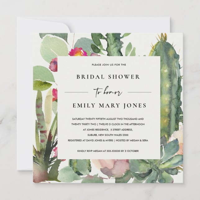 INVITACIÓN BOHO PINK FLORAL DESERT CACTI FAUNA BRIDAL DUCHA (Anverso)