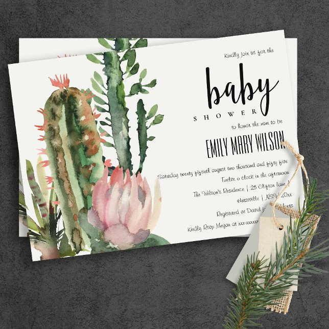 INVITACIÓN BOHO PINK FLORAL DESERT CACTI FOLIAGE BABY SHOWER (Subido por el creador)