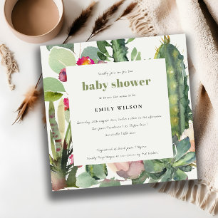 INVITACIÓN BOHO PINK FLORAL DESERT CACTI FOLIAGE BABY SHOWER
