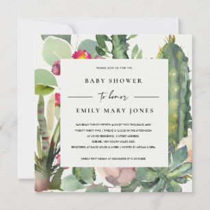 INVITACIÓN BOHO PINK FLORAL DESERT CACTI FOLIAGE BABY SHOWER