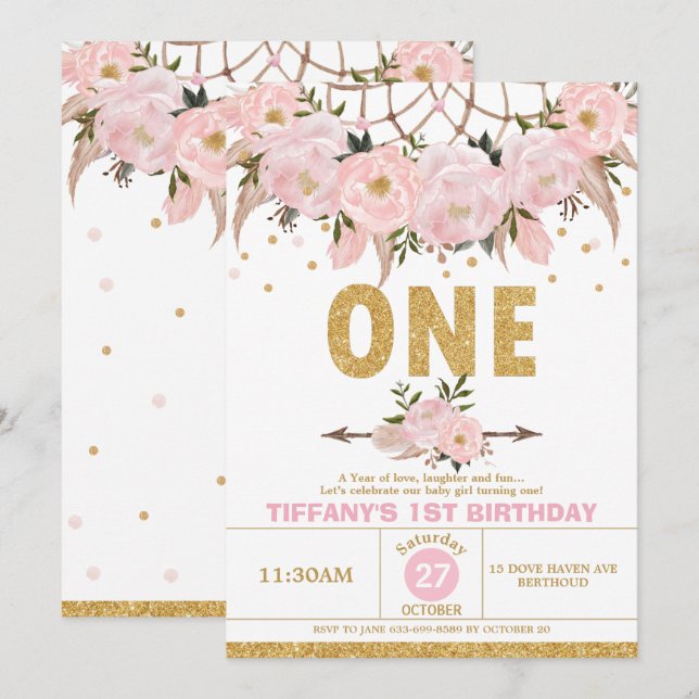 Invitación Boho Pink Floral Dream Catcher Primer Chica de cum (Anverso / Reverso)