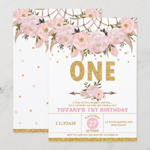 Invitación Boho Pink Floral Dream Catcher Primer Chica de cum