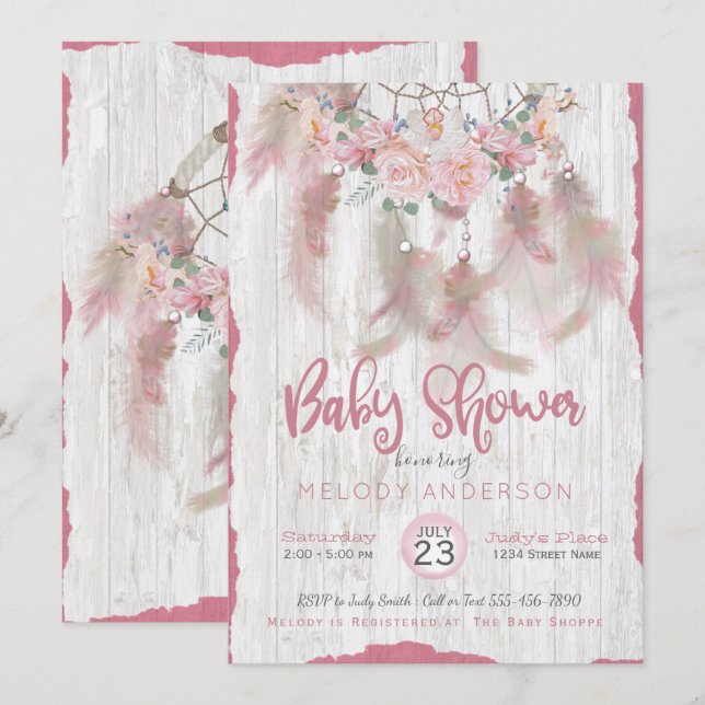 Invitación BOHO Pink Floral DreamCatcher Tribal Baby Shower (Anverso / Reverso)
