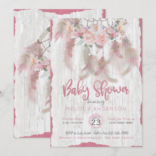 Invitación BOHO Pink Floral DreamCatcher Tribal Baby Shower