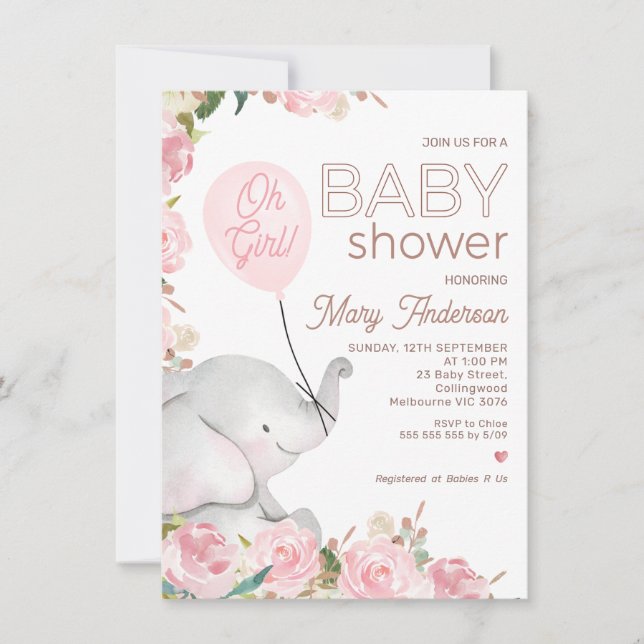 Invitación Boho Pink Floral Elephant Balloon Baby Shower (Anverso)