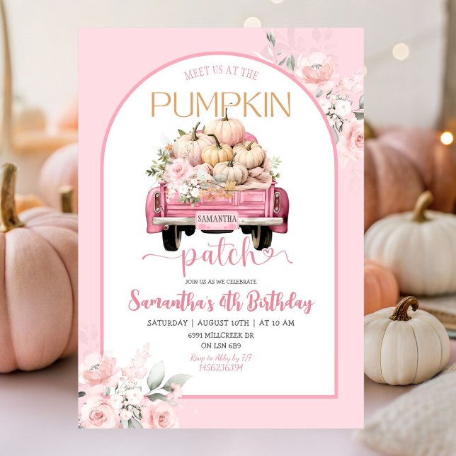Invitación Boho Pink Floral Fall Tema Calabaza Parche Cumplea (Subido por el creador)