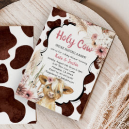 Invitación Boho Pink Floral Highland Cow Baby Shower