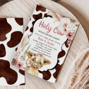Invitación Boho Pink Floral Highland Cow Baby Shower