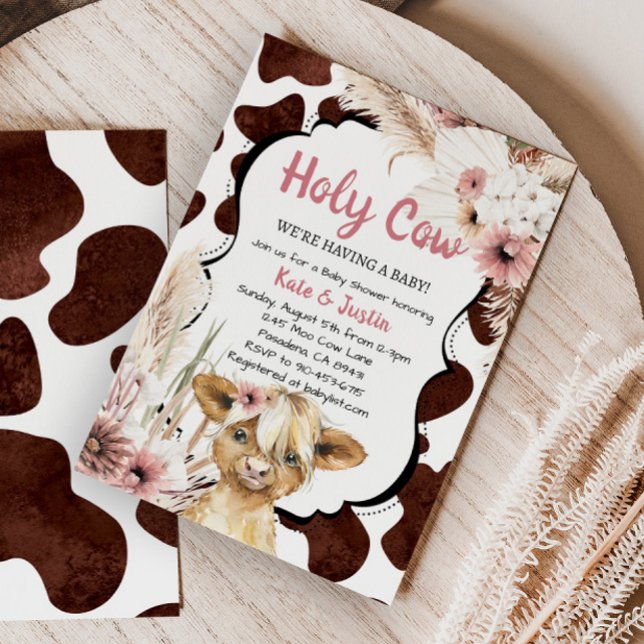 Invitación Boho Pink Floral Highland Cow Baby Shower (Subido por el creador)
