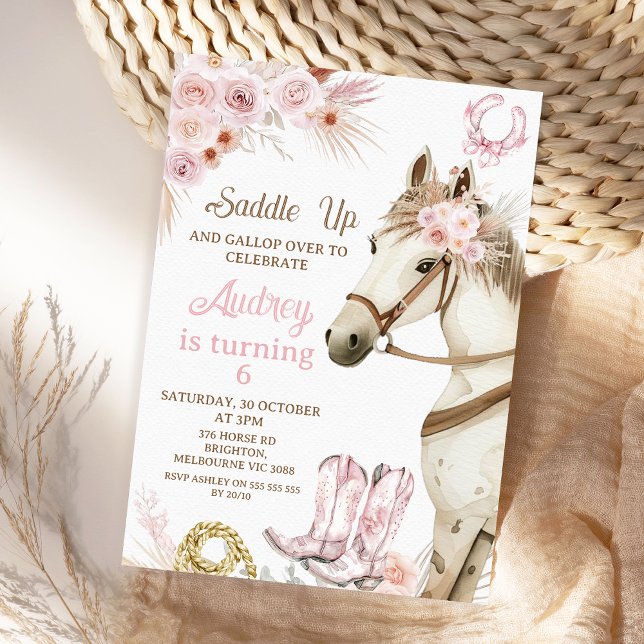 Invitación Boho Pink Floral Horse Saddle Up Cumpleaños (Boho Floral Horse Birthday Invitation Template For Girl, Horse Birthday Invitations, Saddle Up
)