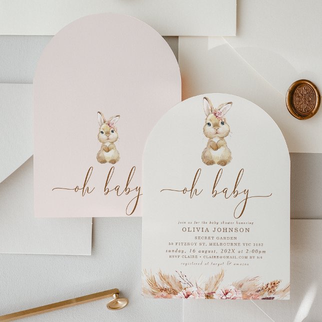 Invitación Boho Pink Floral Little Bunny Baby Shower (Girls Little Bunny Baby Shower Invitation, Boho Bunny Baby Shower Invitation, Rabbit Baby Shower)