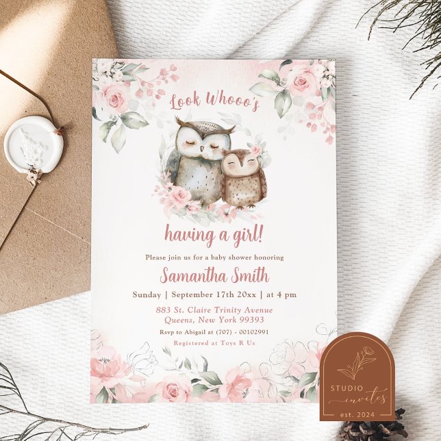 Invitación Boho Pink Floral Owl Baby Shower (Subido por el creador)