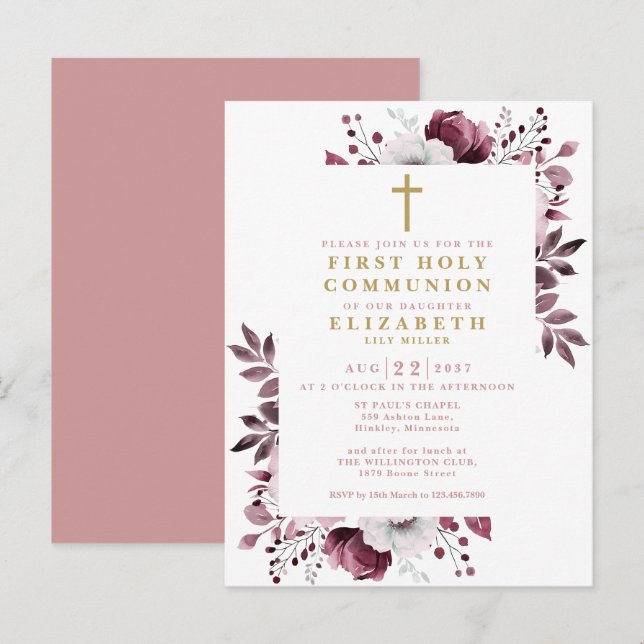 Invitación boho pink floral para primera comunión (Anverso / Reverso)