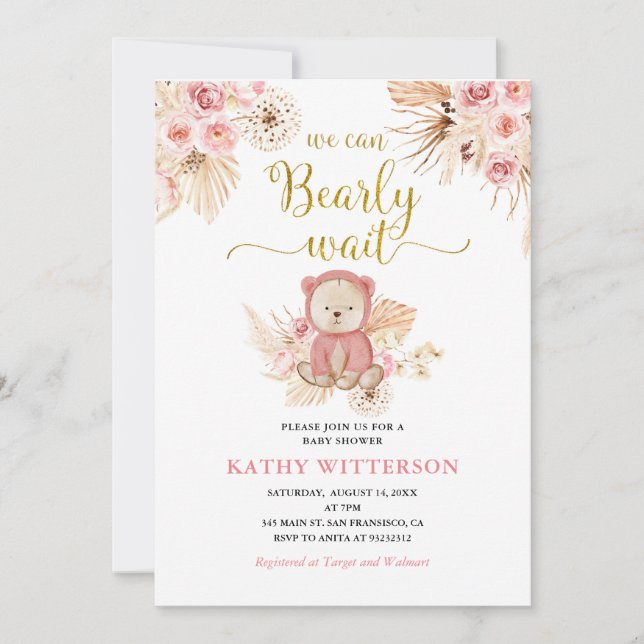 Invitación Boho Pink Floral Podemos esperar a Baby Shower (Anverso)