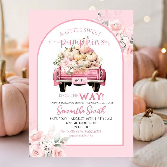 Invitación Boho Pink Floral Sweet Pumpkin Truck Baby Shower (Subido por el creador)