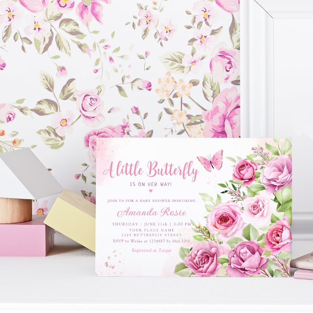 Invitación Boho Pink Floral Watercolor Mariposa Baby Shower (Subido por el creador)